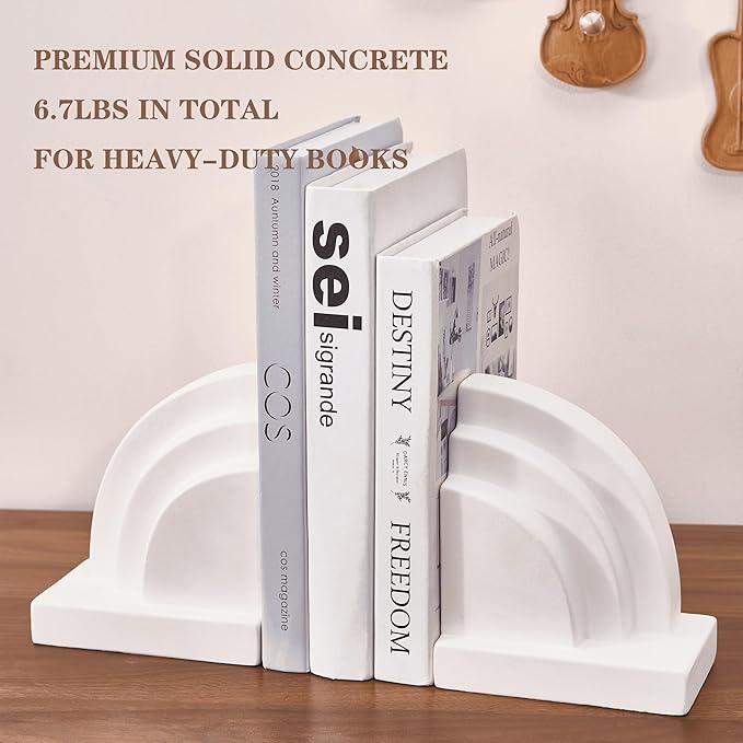Concrete Bookends for Heavy Books - Heavy Duty 2-Piece Set for Shelves, Decorative Book Ends for Home Office Library, Non-Slip Base