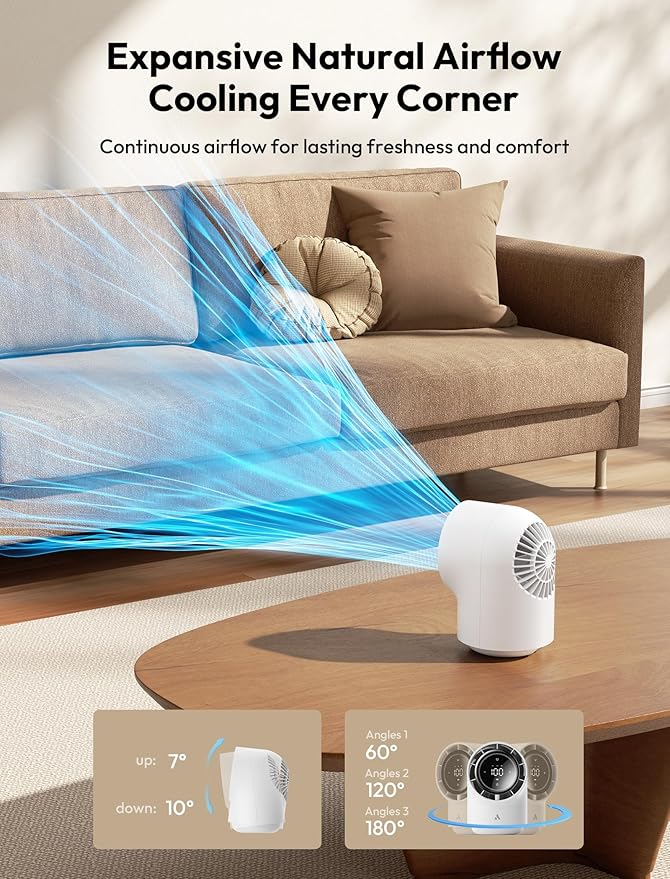 Aecooly Touch Control Desk Fan, 100 Speeds Quiet Bedroom Digital Display 8000mAh 3 Oscillation Angles Battery Powered Small Desktop Table Fan for Bedroom, Bedside, Office, Travel -White