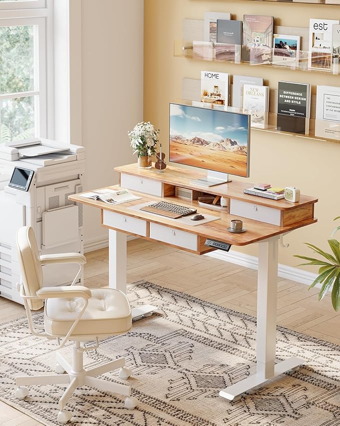 FEZIBO 48 x 24 inch Standing Desk with Drawers, Height Adjustable Electric Workstation, Computer Sit Stand Up Table with Large Storage Shelf 4 Drawers and 2 Hooks, Light Rustic Brown