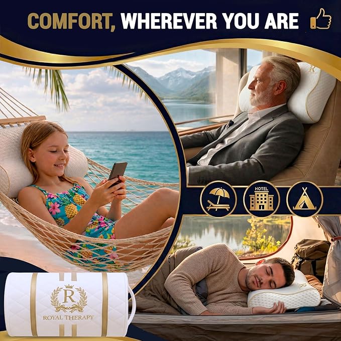Royal Therapy 2-Pack Travel Memory Foam Pillow, Camping, Cervical for Pain, Contour, Pillow for Neck and Shoulder, Neck