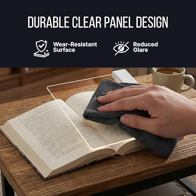 Book Reading Light Flat Screen Smart LED - Full Page Panel Lights for Books Reader in Bed at Night - Rechargeable Portable Dimmable Clear Study Lamp 3 Colors Timer for Bedside Travel (White)