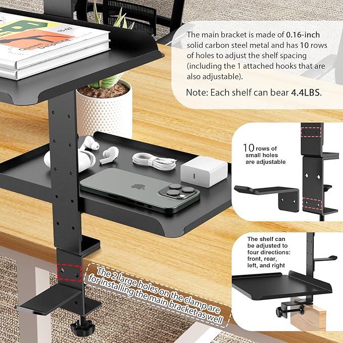 3 Tier Clamp On Desk Shelf with Adjustable Metal Storage Tray & Headphone Stand Above or Under Desk Storage Heavy Duty Shelving Unit No Drilling Desktop Shelves Fits Desks up to 2.5in Thick