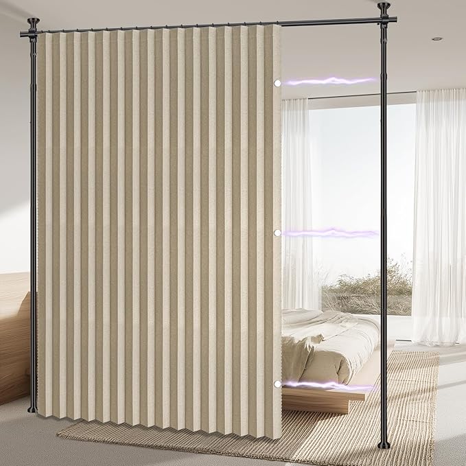 AJAZZ Room Divider Curtain (Beige, W100 x L84 in, 1 Panel)+ Curtain Rods No Drilling Adjustable Tension (H) 43-120×(W) 35-100 in, Heavy Duty Wall Divider for Apartment/Dorm