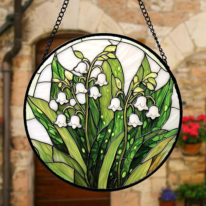 DASTOLL Stained Glass Window Hanging, Lily of the Valley Flower Sun Catchers Colorful Glass Panel Green Plants Suncatcher Decor for Birthday for Women,Men,Wife, Lovers, and Mom 11.8 in
