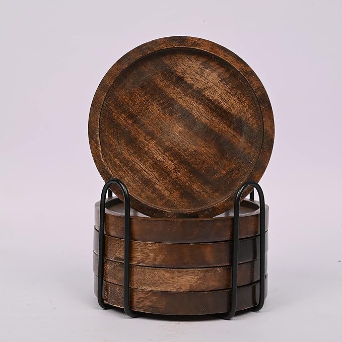 SAMHITA Mango Wood Coasters for Drinks with Iron Holder Stand Set of 5 for Drinking Glasses, Tabletop Protection for Any Table Type