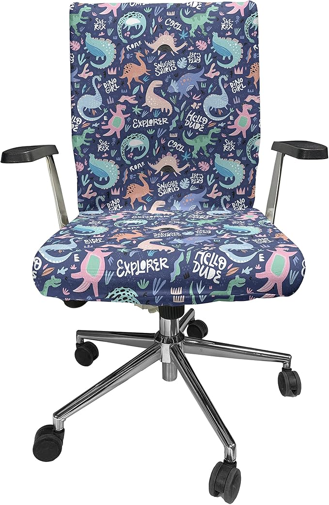 Ambesonne Dinosaur Office Chair Cover, Cartoonish Abstract Extinct Animals She-rex Dino Girl, Stretchable Decorative Universal Size High Back Printed Slipcover, Dark Indigo Soft Blue Blush