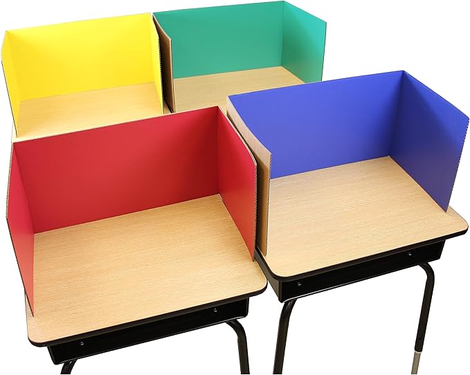 Flipside Products 12”x 48” Assorted Color Study Carrel, Red, Green, Blue, Yellow Privacy Boards, Student Privacy and Focus Booth for The Classroom, Desk Divider Cubby for Tests, Made in USA - 24 Pack