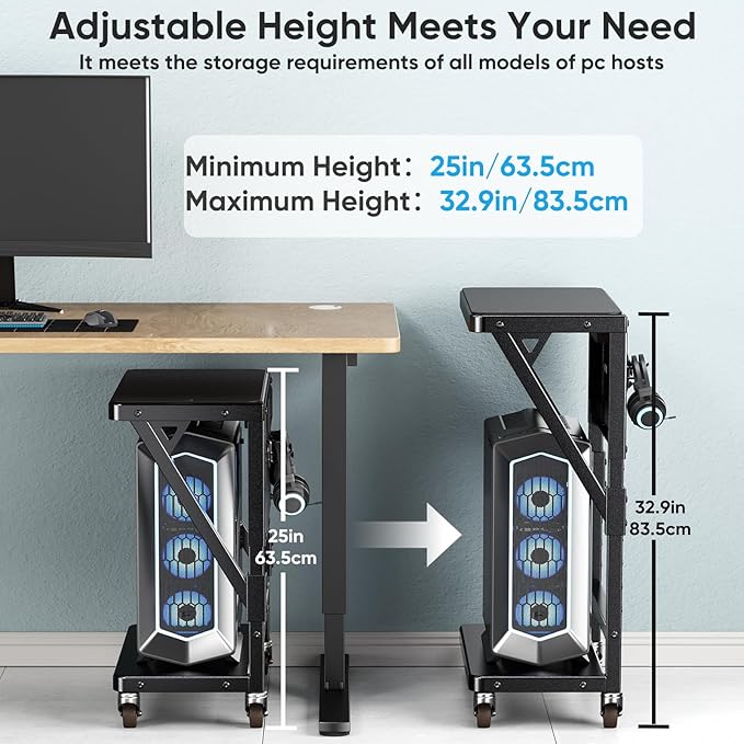 POKIPO Computer Tower Stand with Charge Station and USB Port,Pc CPU Holder Cart for Floor Carpet with Wheels,Heavy Duty Metal,Adjustable Height,Rolling Pc Printer Desktop Under Desk for Home Office