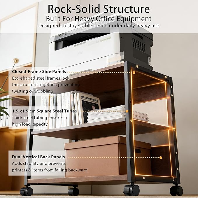 3-Tier Printer Stand with Storage, Adjustable Shelves, Lockable Wheels, Stable Steel Frame for Home & Office Rustic Brown & Black