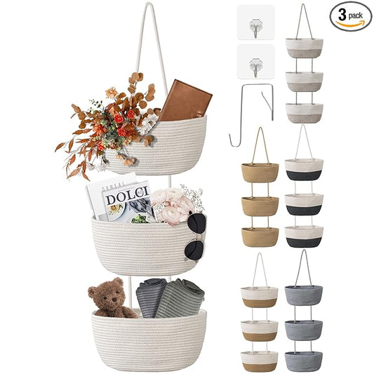 3 Tier Wall Mounted Woven Hanging Basket, Over the Door Hanging Basket with Hooks, Decorative Storage Hanging Closet Removable, Large Wall Basket for Living Room, Bedroom, Kitchen (White)