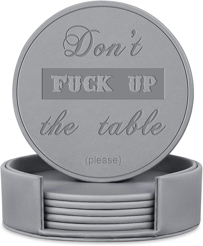 Funny Coasters, 6 Pcs Leather Coasters with Holder, Perfect Housewarming Hostess Gifts, Protect Furniture from Water Marks Scratch and Damage(6Pcs, Grey)