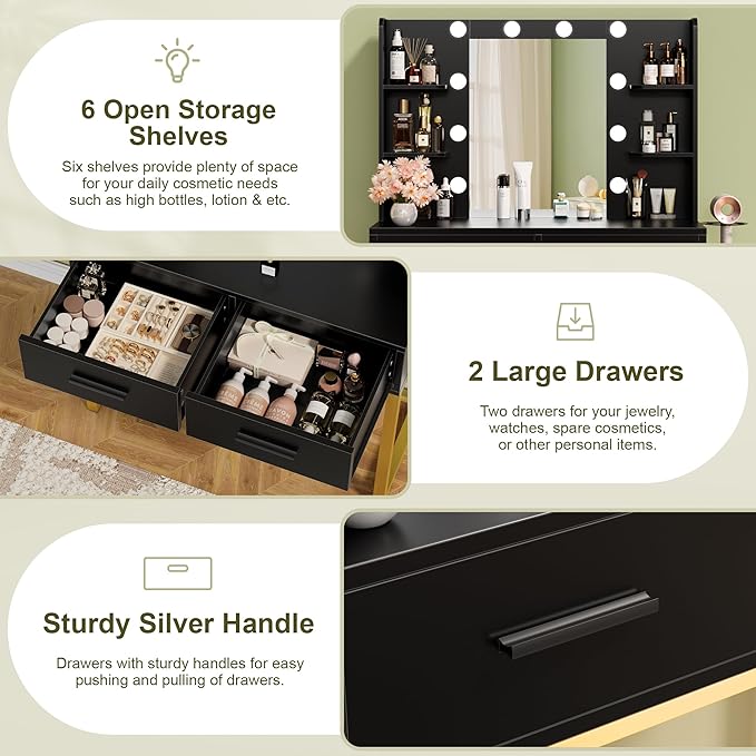 YESHOMY Vanity Desk with Mirror, Makeup Table with 2 Large Drawers, Power Outlet and Round Holder, 3 Color Modes Adjustable Bulb, Black & Gold Frame