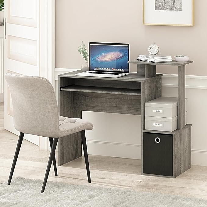 Furinno ECON Desk, 40" Wide Gaming Desk with Keyboard Tray, Computer Desk, Office Desk with Side Shelves and Storage Bin for Home Office, Grey Oak