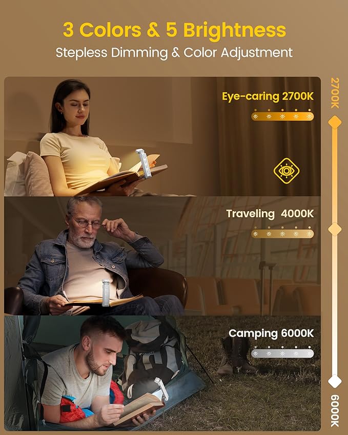 Glocusent Extendable Book Lights for Reading at Night, 5 Enhanced Brightness & 3 Colors with Sleep Aid & Timers, Clip on USB Rechargeable Reading Light for Books in Bed, Ideal Book Lovers Gifts