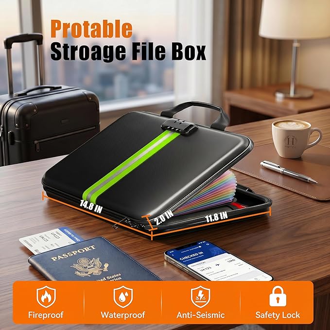 Fireproof Document Organizer with Lock, Rigid EVA File Box with 13-Pocket Accordion Folder for Important Documents & Tablets under 11", Lightweight Safe Storage for Home, Office & Travel (Small Size)