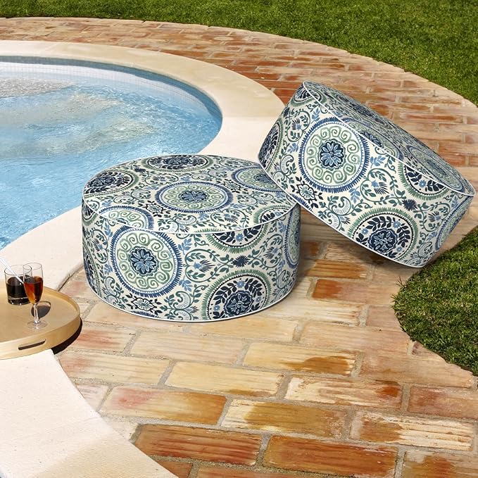 Outdoor Patio Inflatable Ottoman, 21x9 Inch Portable Stool Ottoman with Handle, Round Footrest Stool for Home Garden Camping, Celadon Wreath