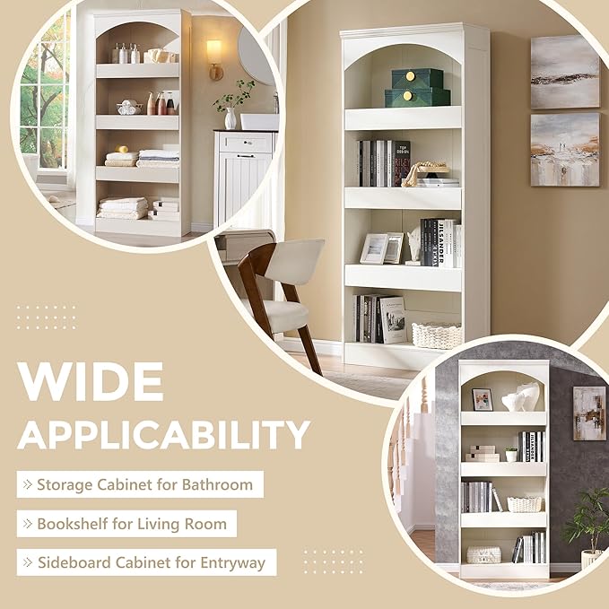 IFGET 76" Tall Arched Bookcase with 1PC Magnetic Lock Drawer, Modern Wooden Arch Bookshelf w/3 Pull-Out Drawers, Farmhouse 4 Tiers Book Shelf w/Open Shelves for Living Room, Office (Antique White)