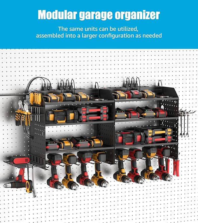 CCCEI Modular Power Tools Organizer with USB Charging Station, 4 Layer Drills and Battery Storage Wall Mount, Garage Shop Organization, Anniversary, Birthday, Gifts for Men, Father, 10FT Cord, Black.