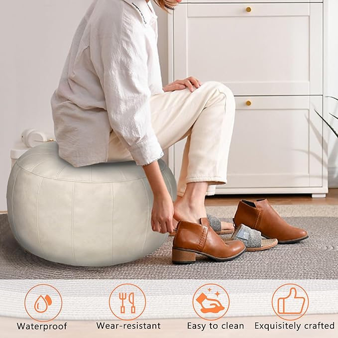Thgonwid Unstuffed Moroccan Storage Pouf Foot Stool Ottoman Seat, No Filler Included, Handmade Faux Leather Bean Bag Floor Chair Foot Rest for Living Room, Bedroom or Balcony, Ivory White