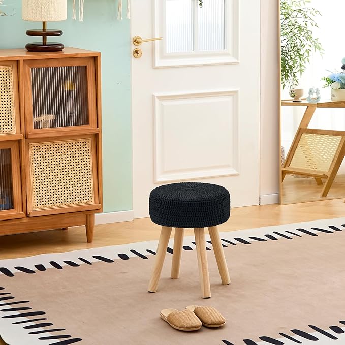 Wimarsbon Pouf Ottoman, 100% Cotton Knitted Boho Footstool, Round Footrest with Non-Skid Wood Legs, Home Décor Handmade Pouffe, Leisure Floor Step Stool for Living Room (Long Leg - Black)