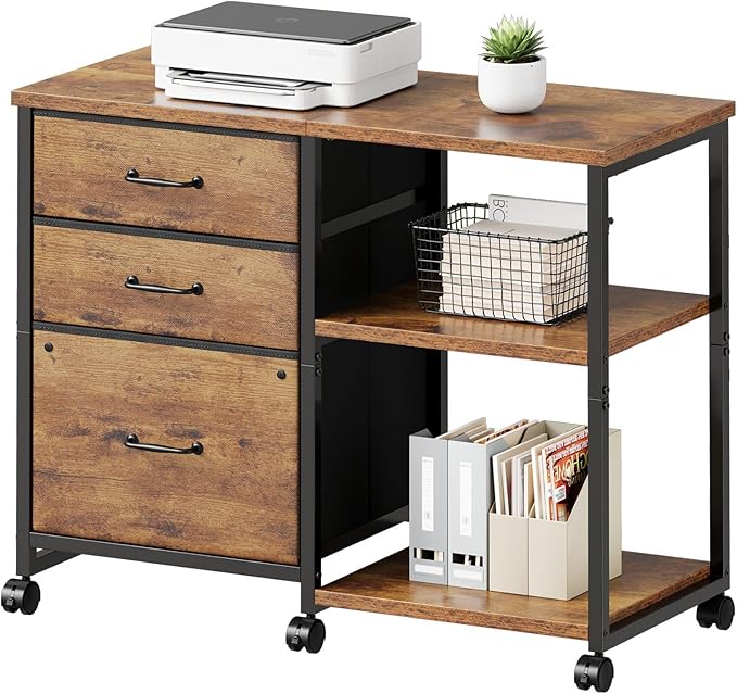 Maihail 3 Drawer File Cabinet with Wheels Rolling Printer Stand with Open Storage Shelf Fabric Lateral Filing Cabinet for Home Office,Rustic Brown2