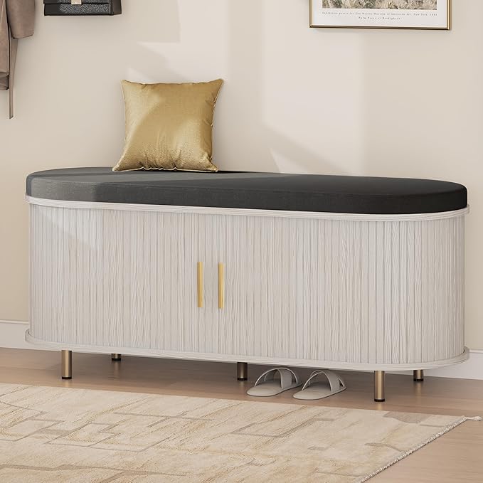 DHH 2-Tier Storage Bench,Wide Shoe Bench with Thickened Padded Seat Cushion, Mid Century Modern Fluted Sliding Door and Adjustable Shelf, for Entryway, Living Room, Bedroom (Grayish White, 43.3“)