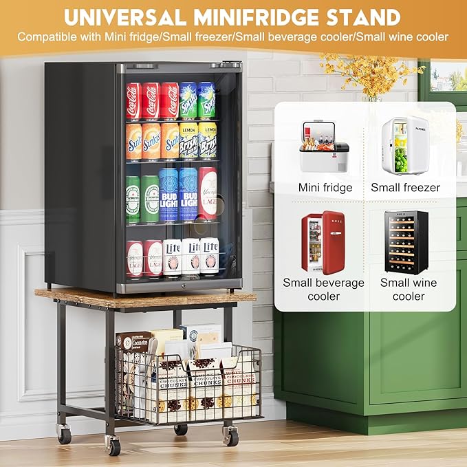Mini Fridge Stand with Storage, Small Refrigerator Stand with Wheels, Mini Fridge Cabinet-Max Load 300 LBS Heavy Microwave Printer Stand Mini Fridge Cart for Dorm, Apartment, Kitchen, Office (Brown)