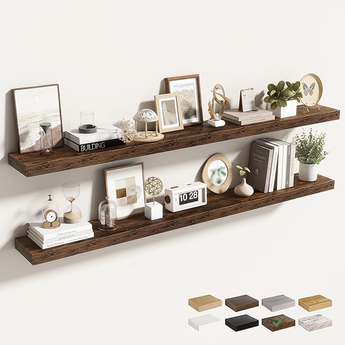 Acovy 55 Inch Floating Shelves for Wall 2 Pack, 55" Wall Shelves for Books, Storage, Decor, Wall Mounted Floating Shelf with Invisible Brackets for Kitchen, Living Room, Brown