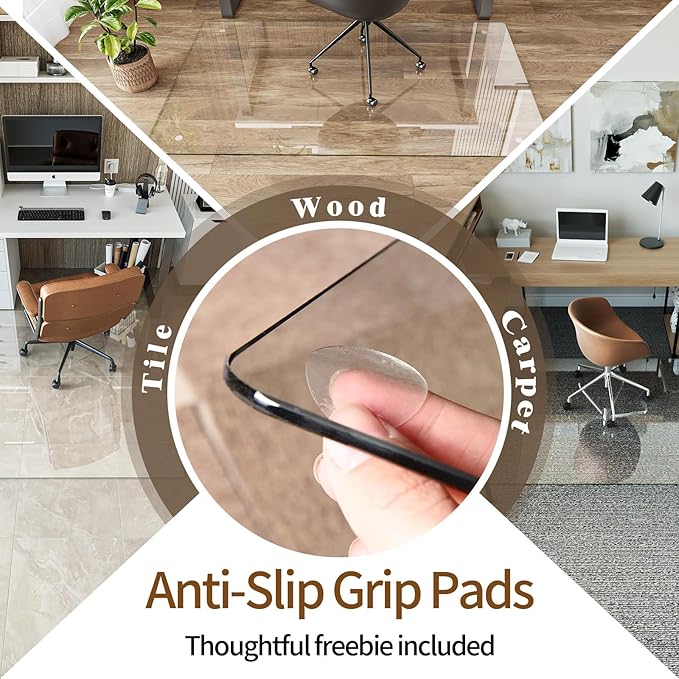 Koonmi Tempered Glass Chair Mat 46"x46" - Premium Office Chair Mat for Hardwood Floors & Low-Pile Carpet with 4 Non-Slip Pads - Thick Scratch-Resistant Surface