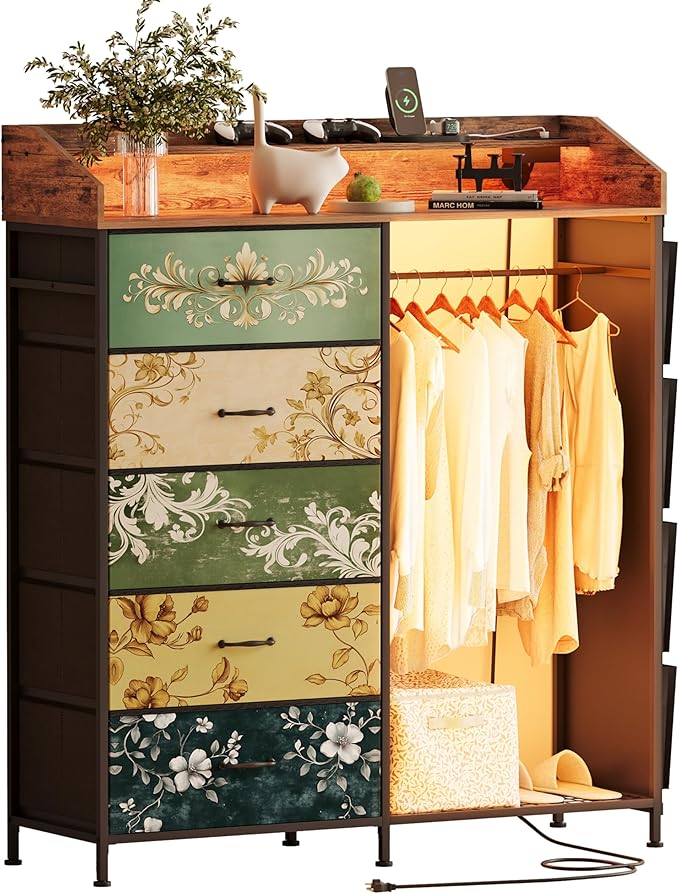 LUMTOK 2-in-1 Dresser with Hanging Racks,5 Fabric Drawers Dressers with LED Lights, Charging Station for Bedroom Living Room, Entryway, Closets (Retro Pattern)