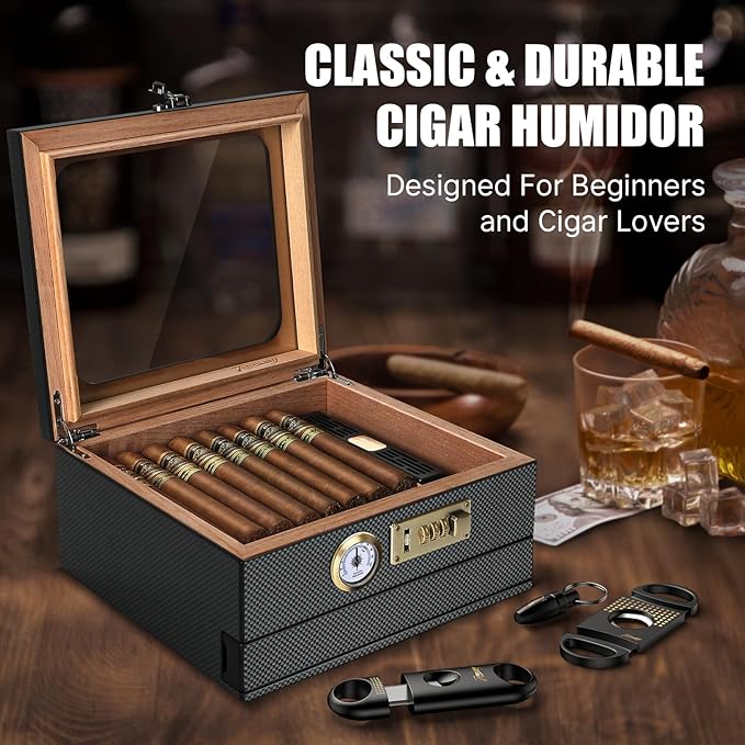 Tesonway Cigar Humidor, Cedar Wood Humidor Cigar Box, Glass Top Desktop Humidor with Front Hygrometer, Humidifier, Divider, Accessories Drawer and Combination Lock, Cigar Gifts for Men (Carbon Black)