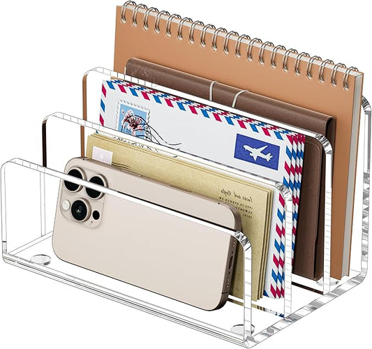 FUCDTEFC Desk Mail Organizer, 3 Section Clear Acrylic File Holder Letter Organizer, Vertical Lightweight Modern Envelope Holder Desk Accessories & Workspace Organizers for Office, Home, School