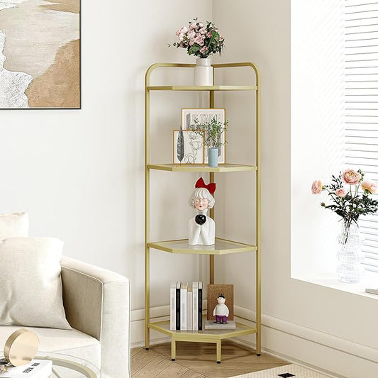 Hzuaneri Corner Shelf Stand, 4-Tier Glass Bookshelf Bookcase, Bathroom Organizer, Plant Stand, Steel Frame, Tempered Glass, Modern Style for Living Room, Bathroom, Kitchen, Golden CS90400G