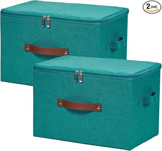 2 Pack Storage Bins with Zipper Lid Cotton Linen Fabric Lidded Storage Baskets Boxes Foldable Washable Closet Shelf Clothes Organizer Container with PU Leather Handles (Teal Blue, Large)