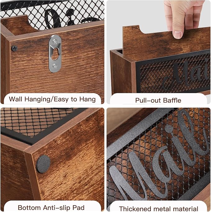 Mail Organizer,Mail Holder with 2 Slots, Wood Mail Basket Mail Sorter for Wall Table Countertop, Bill Envelope Letter Holder for Home Office