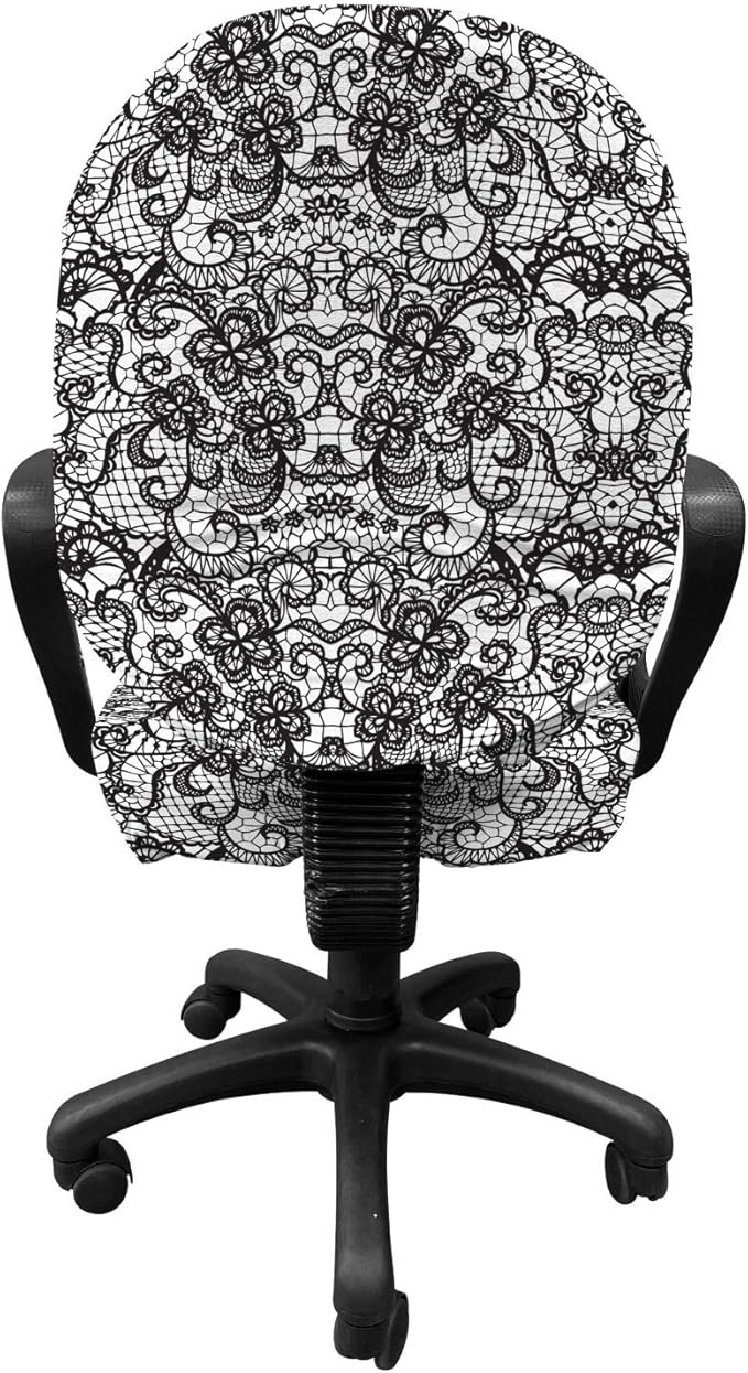 Ambesonne Gothic Office Chair Slipcover, Classical Bridal Composition Vintage Spring Motifs Victorian Wedding Inspirations, Protective Stretch Decorative Fabric Cover, Standard Size, White Black