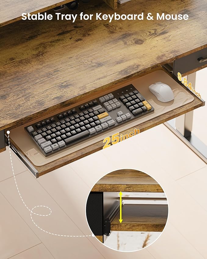 Electric Standing Desk with Keyboard Tray, 55x24 Inches Height Adjustable Stand up Desk with 2 Drawers, Ergonomic Sit to Stand Table with Storage Monitor Stand, Rustic Brown