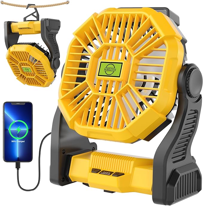 TDLOL Portable Camping Fan Cordless Battery Powered，270° Rotating Portable Battery Operated Rechargeable Fans, 360° Hanging Hook, USB Personal Outdoor Camping Fans for Tents,Travel X23 Yellow