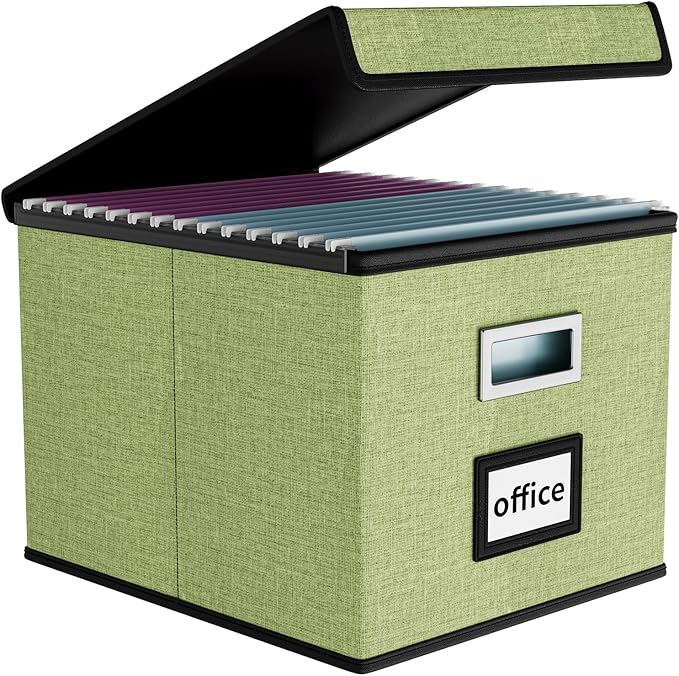 File Organizer Box with Lid, Collapsible File Folder Organizer for Office Document Storage, Filing Box with Plastic Slide for Letter Size Hanging File Folders(1 Pack, Green)