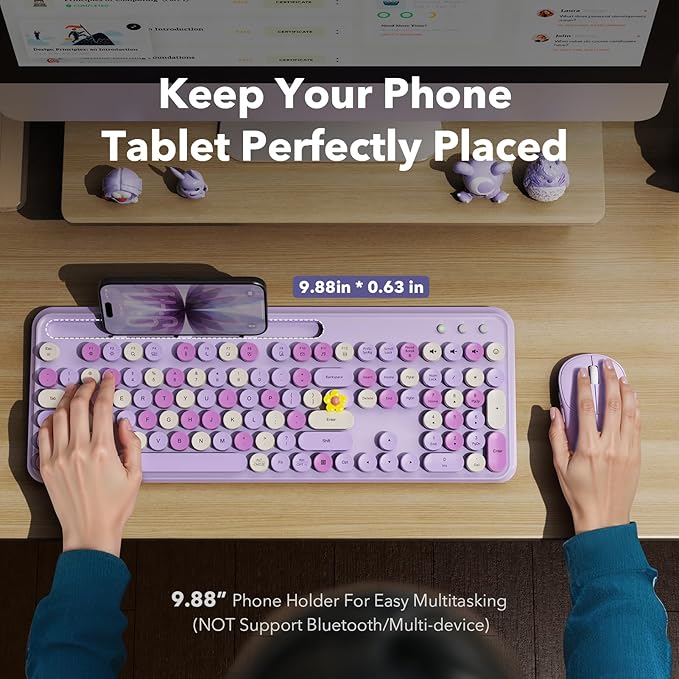 Wireless Keyboard and Mouse Combo with Phone/Tablet Holder, Full-Size Typewriter Keyboard, Retro Round Keycaps, 3-Level DPI Mouse, 2.4GHz Cordless Connection for Windows/PC/Laptop (Lavender & Cream)