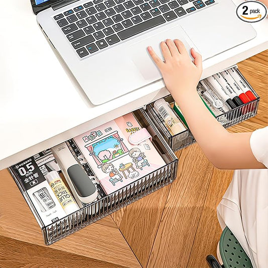 2Pcs Under Desk Storage Drawers Slide Out,Large&Medium, Stick On Desk Drawer Organizer Hidden Under Table Drawer for Home Office School Organization and Storage-Transparent Black