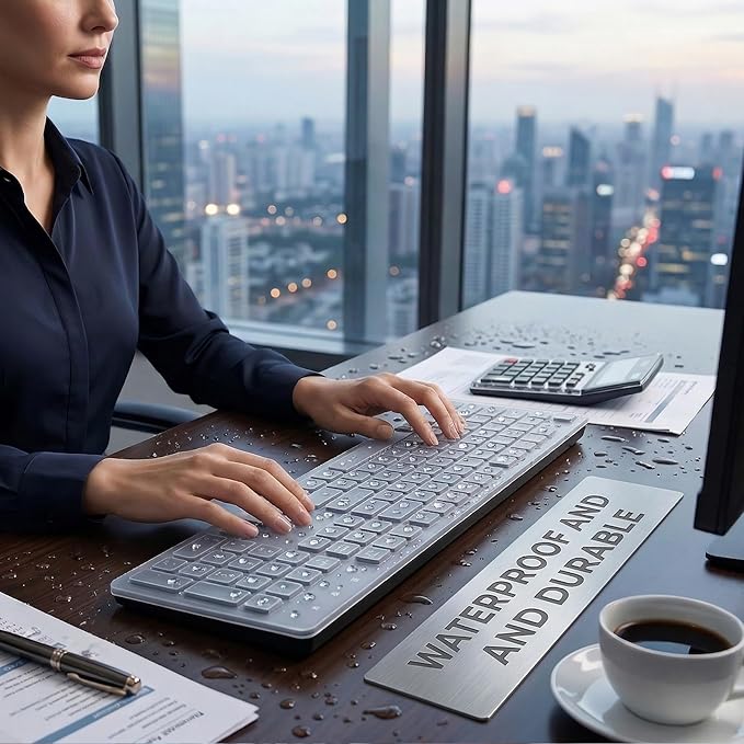 Spill Proof Keyboard with Cover, Wired Keyboard 104 Keys Full Size, Laser Etched Non Fading Keycaps, Easy Clean Computer Keyboard with Number Pad for Office Desktop PC, 1.6m USB Cable- Black