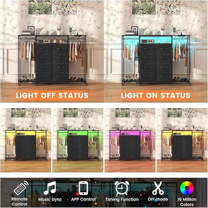 59.1" W Dresser for Bedroom with Hanging Rack, 8 Drawer Dresser with LED Lights & Charging Station, Fabric Dressers with Portable Wheels,Metal Frame, Wooden Top (Black)
