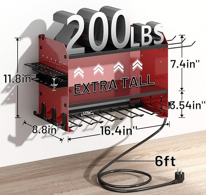 Power Tool Organizer Wall Mount wtih Charging Station,4 Drill Holder Wall Mount with 8 Outlet Power Strip,Heavy Duty Tool Rack with Hooks,Screwdriver Organizer in Garage(Dark Red,3 Layers)