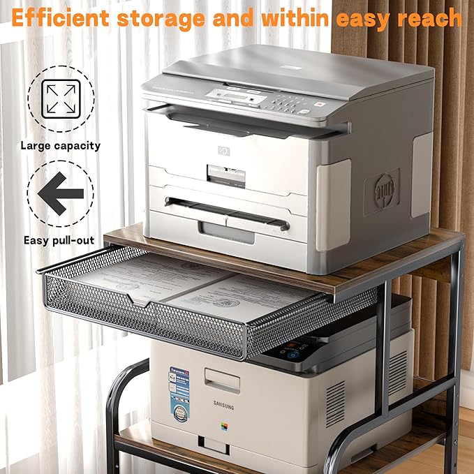 Large Printer Stand with Storage Shelf, 23.6''x18.9'' Rolling Printer Cart Holder with Lockable Wheels, 5-Adjustable Heights, 3D Scanner Fax Printer Table for Home Office Use, Large