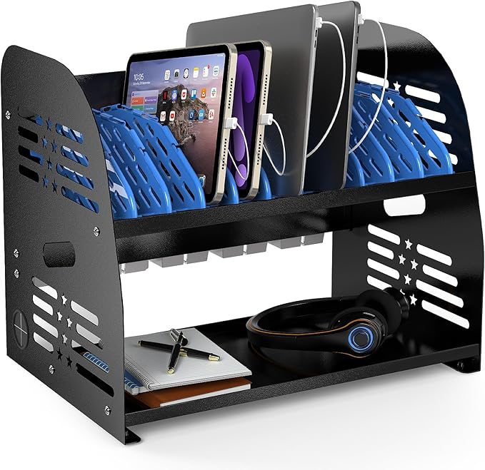 10-Device Charging Station with Power Strip – Open Charging Cabinet for Chromebooks, Laptops & Tablets up to 14” – Classroom Organization for iPads, Tablets & More, Ideal for Schools & Offices