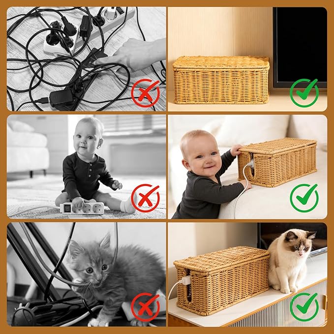 Handmade Rattan Cable Management Box, Cord Hider Box, Electric Cord Hider for Power Outlets, Routers, Chargers, and Daily Storage Items