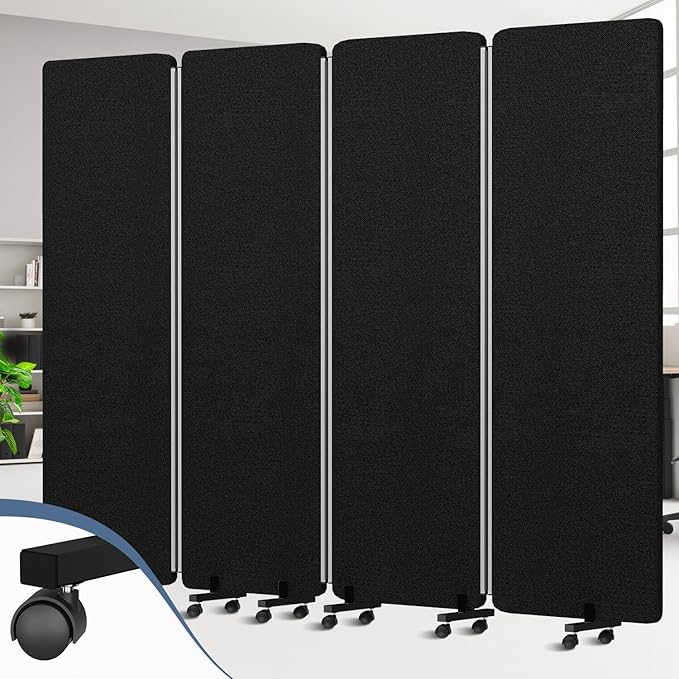 Room Divider Soundproof Privacy Panel with Wheels, 4 Panel Wall Divider (Aluminum Frame) for Room Partition, Folding Room Dividers Space Separation Office Cubicle Wall Divider Sound Proof Separator