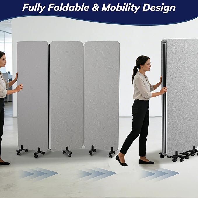 3 Panel Foldable Office Partitions, Mobile Cubicle Wall with Wheels, 71 x 66 Inch Noise Cancelling & Sound Proof Room Dividers Partition Wall, Aluminum Frame Gray
