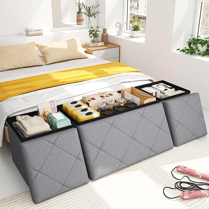30W Folding Ottoman with Storage Bench,Storage Ottoman Bench,15W Inches Ottoman Foot Rest,End of Bed Bench,Support 660LBS Foot Rest Stool for Living Room,Bedroom,Dark Gray（30W+30W+15W